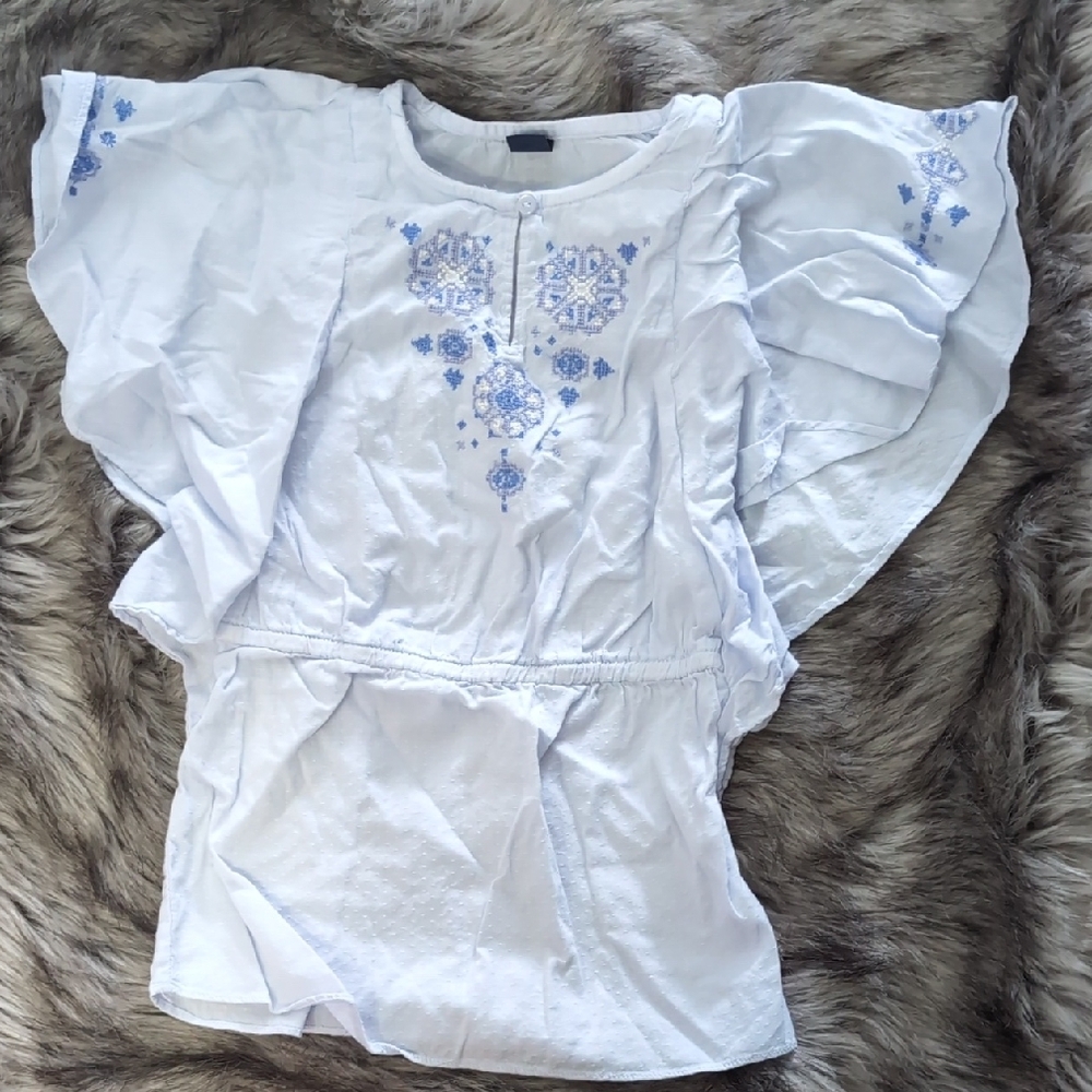 GAP White and Blue Embellished Flutter Sleeve Coverup